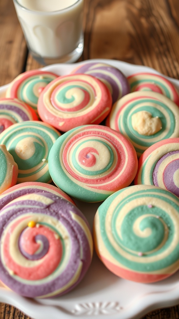 A colorful assortment of cookie swirls on a wooden table, with a glass of milk.